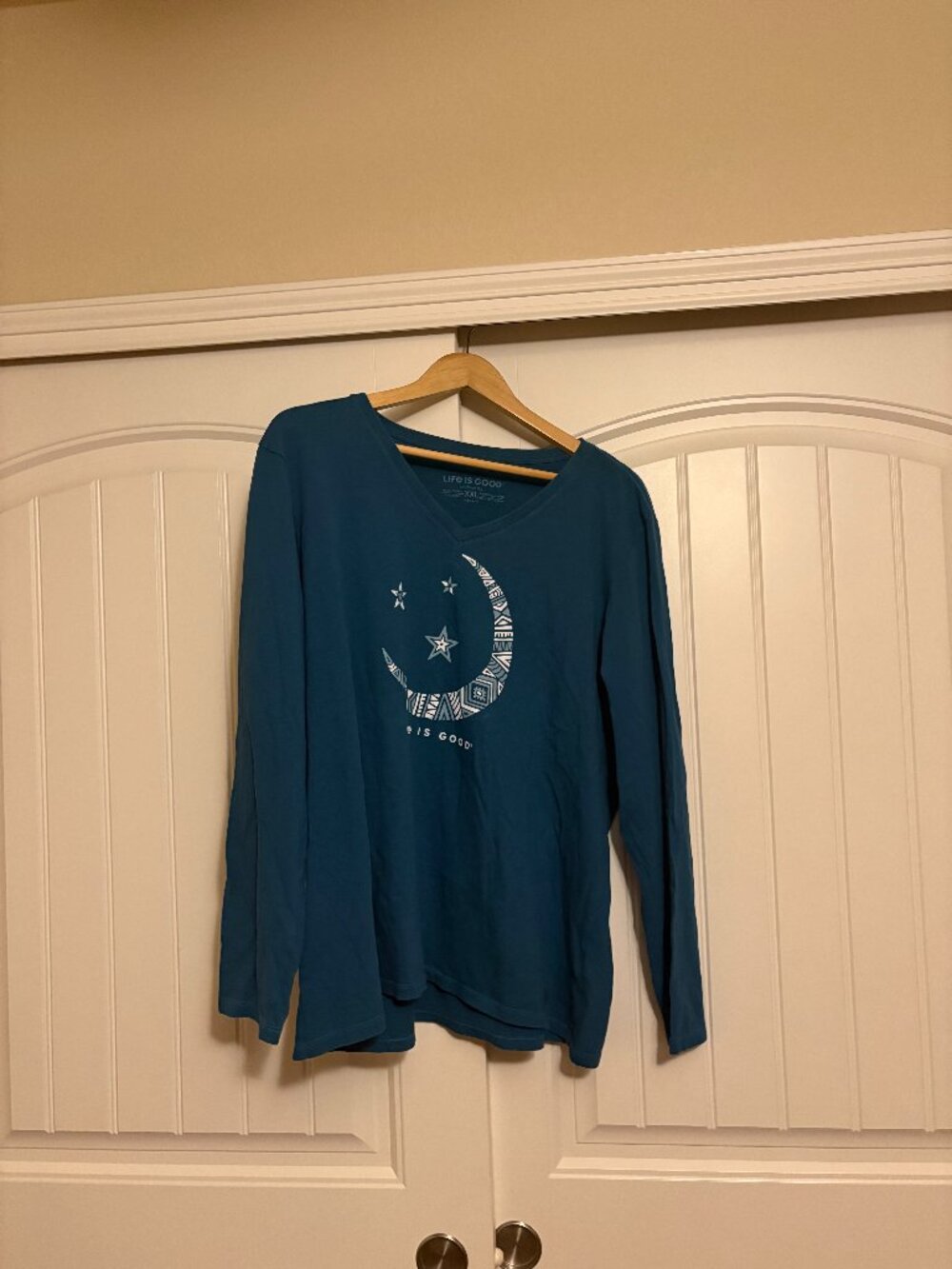 Life is Good Moon and Stars T Shirt Teal Green XXL Xtra Xtra Large Long Sleeve
